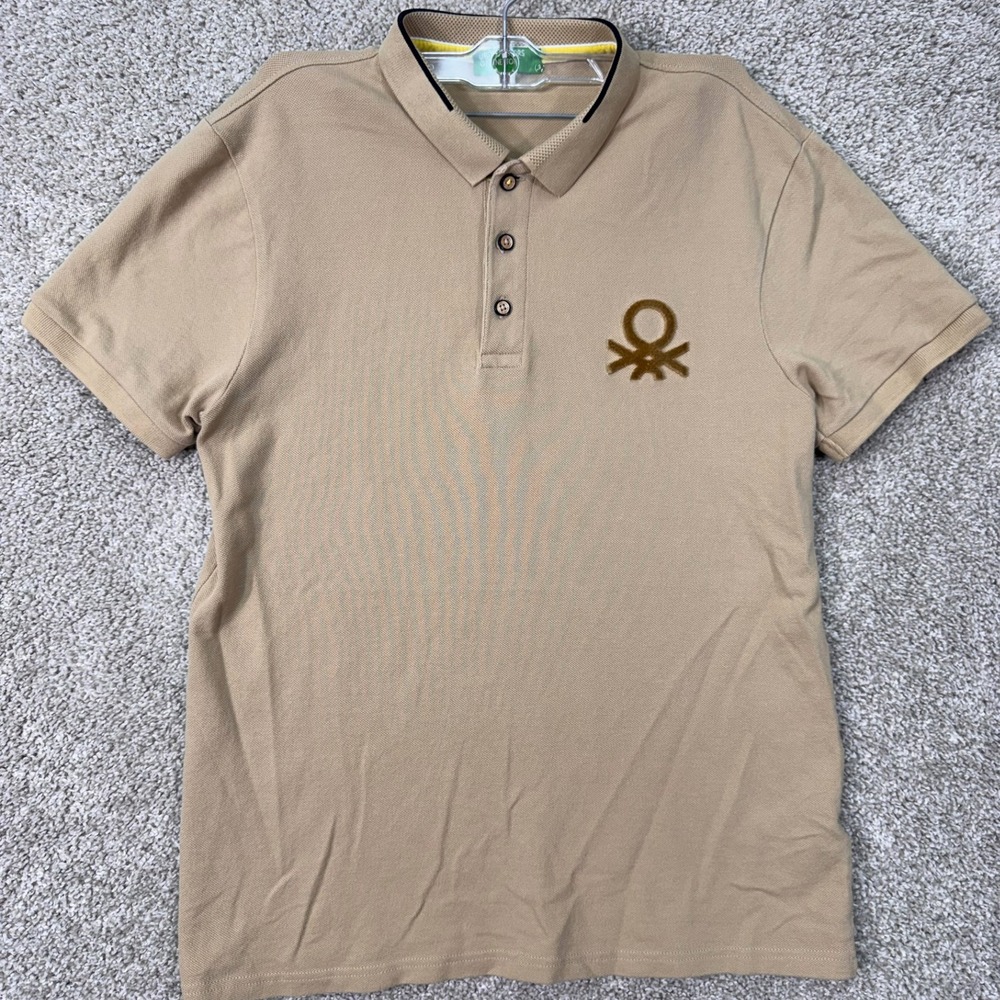 United Colors of Benetton Polo Shirt Mens S Tan Logo Short Sleeve Pique EUC